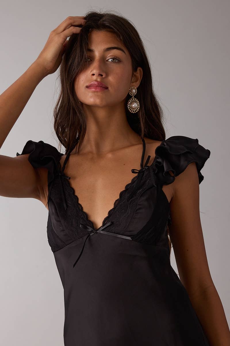 Sky to Moon - Wholesale Dress - Women's - SATIN RUFFLE WING SLEEVE SCELLOP LACE MINI DRESS3