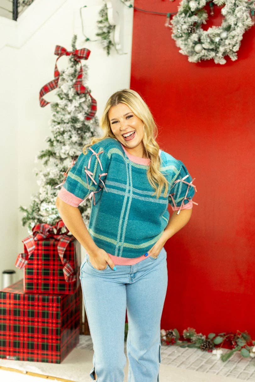 Turquoise Plaid Sweater with Puff Sleeves for wholesale on Faire1