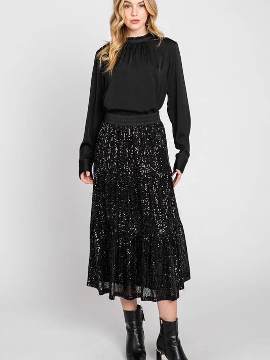 Elastic Waistband Flare Sequin Tiered Midi Skirt - FS80139 for wholesale by Calista