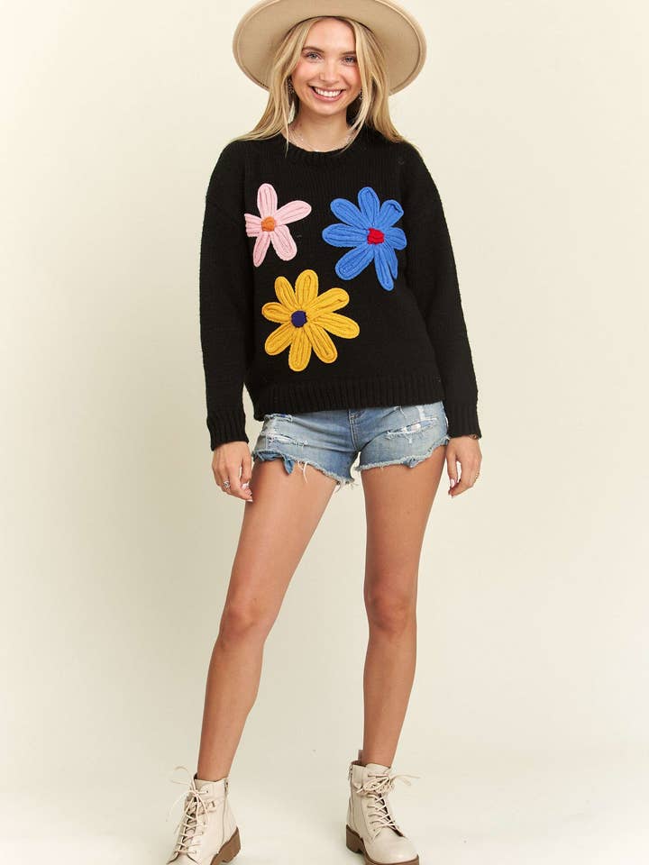 Madelyn - Wholesale Knit Sweater - Women's - LESW3598-BIG FLOWER PATCH SWEATER TOP