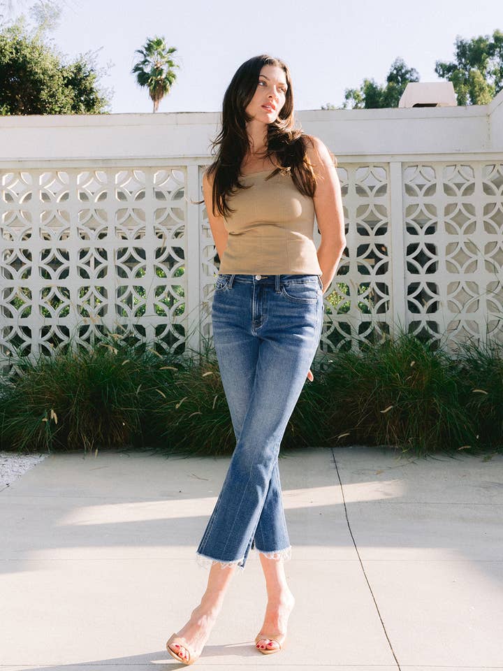 ENCOURAGINGLY HIGH RISE RAW STEP HEM KICK FLARE JEANS T5910 for wholesale on Faire