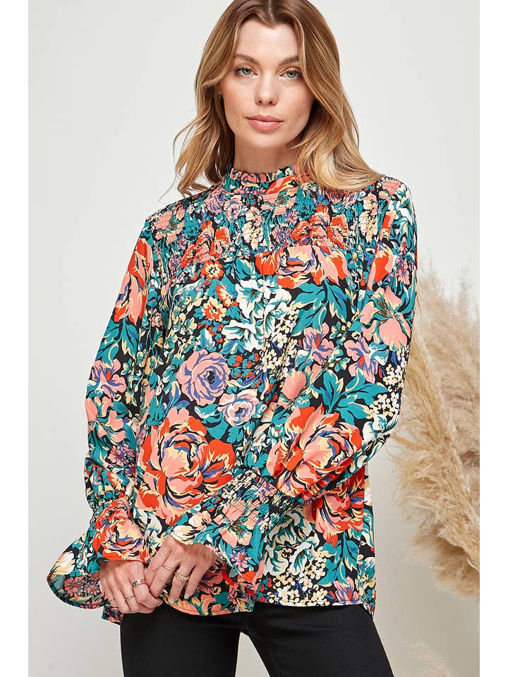 FLORAL PRINT PLEATED HIGH NECK PEASANT SLEEVE TOP for wholesale on Faire