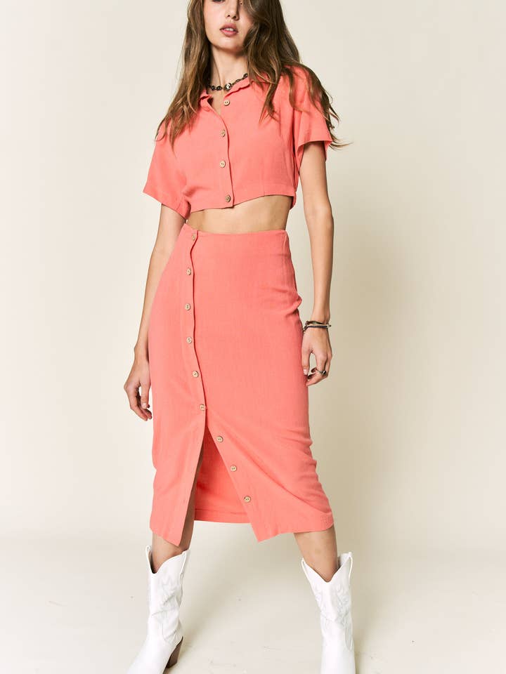 BUTTON UP CROP SHIRT MIDI SKIRT SET P40005 for wholesale by Petal Dew