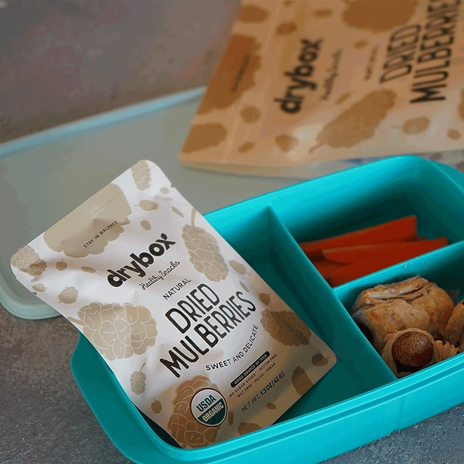 DRYBOX - Wholesale Dried/Dehydrated Fruit - Drybox Dried Mulberries 1.5oz x 12packs Portion Packs4