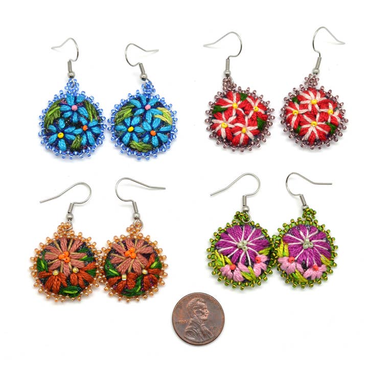 Embroidered & Beaded Flower Earrings - Fair Trade Verified for wholesale by Dunitz & Company