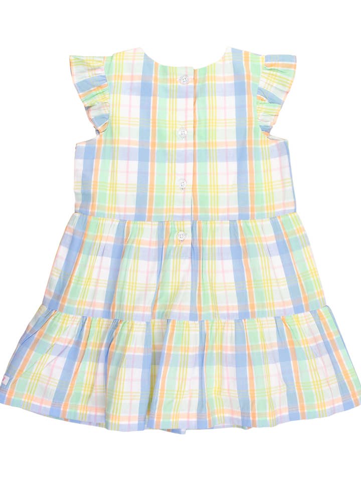Multi Color Girls Clubhouse Rainbow Plaid Flutter Sleeve Tiered Dress for wholesale on Faire