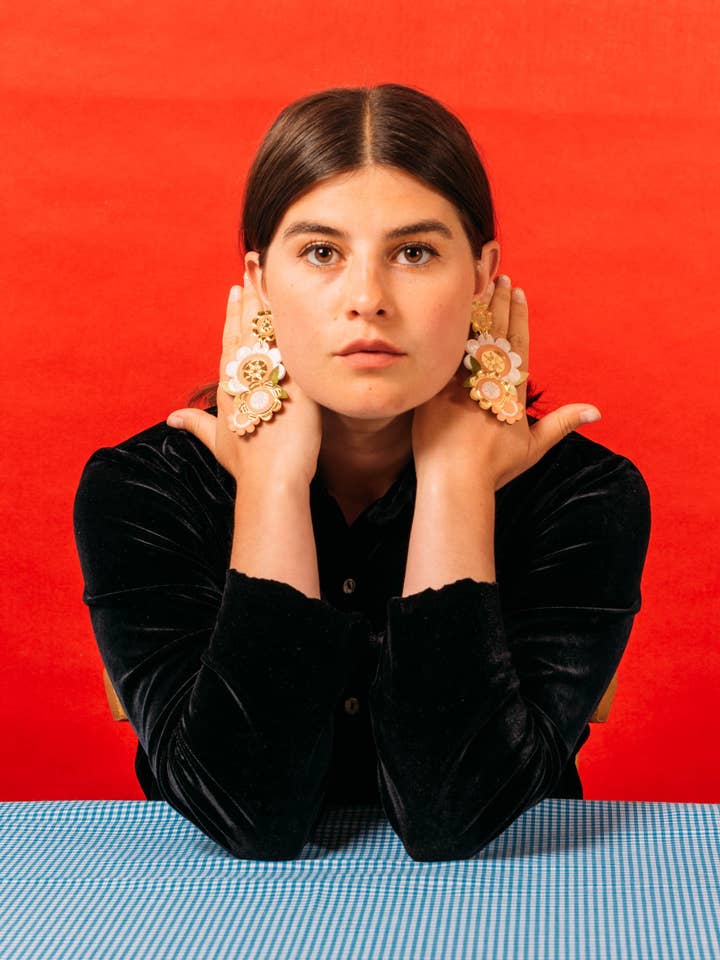 Superstar Folk Flower Statement Earrings, Nude for wholesale by Fizz Goes Pop