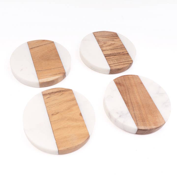 8 Oak Lane - Wholesale Coasters - Marble & Wood Round Coaster Set1