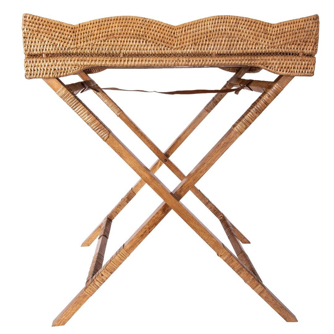 Artifacts Trading Company - Wholesale Patio Table - Rattan Scallop Butler Tray: Folding Wooden Legs5