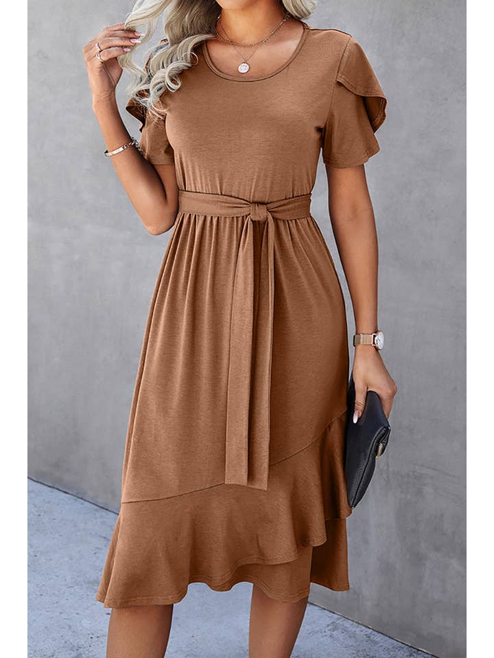Supreme Fashion - Wholesale Dress - Women's - Petal Sleeve Ruffle Trim Belted Midi Dress11