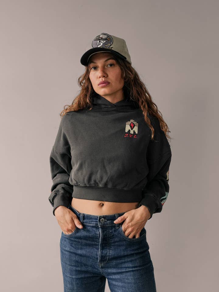 Two Arrows Grey Cropped Hoodie for wholesale by Thunder Voice Hat Co.
