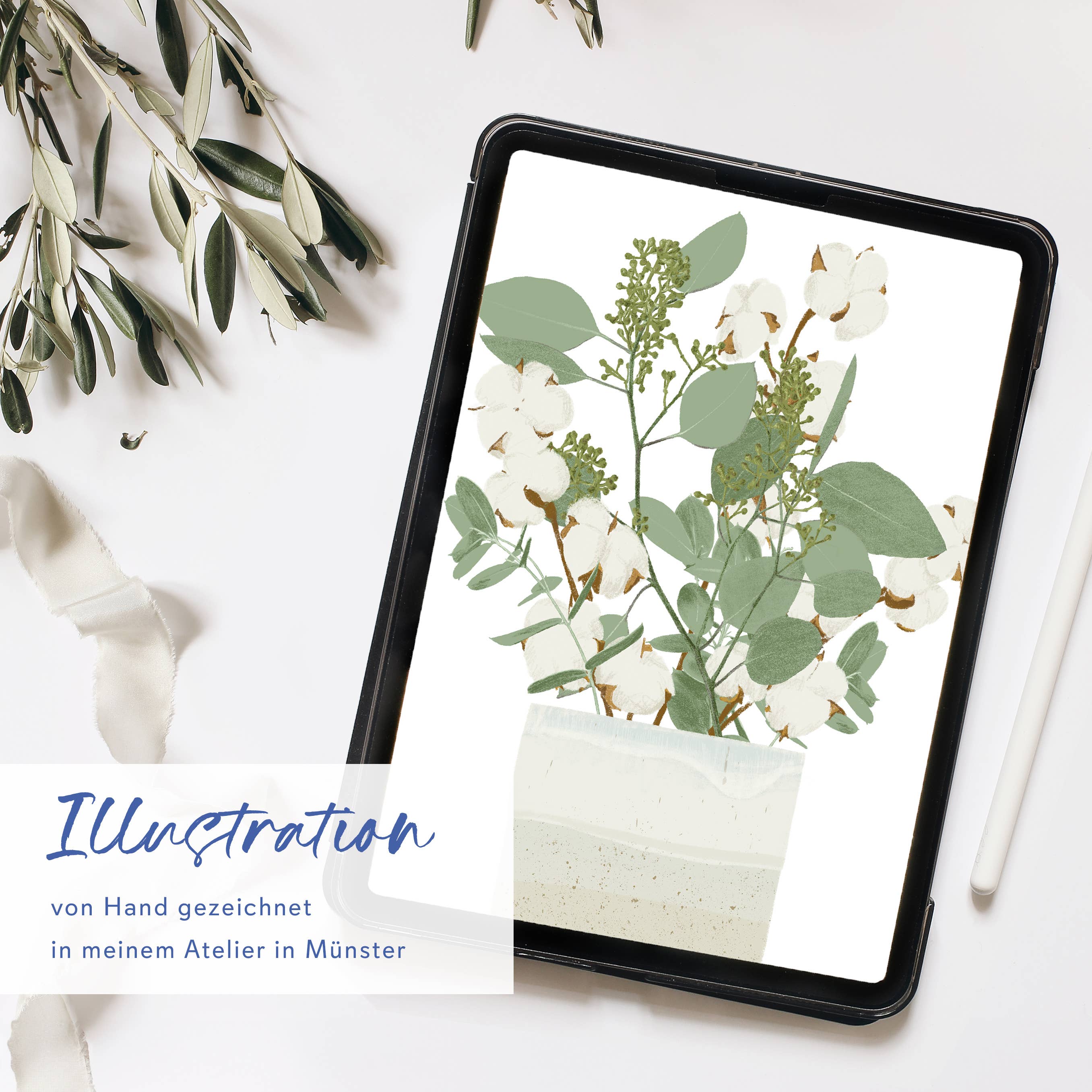 Wildblumen Atelier - Wholesale Wedding Card - Folded card: vase, eucalyptus, cotton, with envelope, FSC2