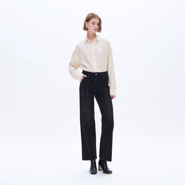 BLACK SUPER HIGH RISE WIDE LEG JEANS(FINISHED HEM,SLIT) BYW8084 for wholesale on Faire