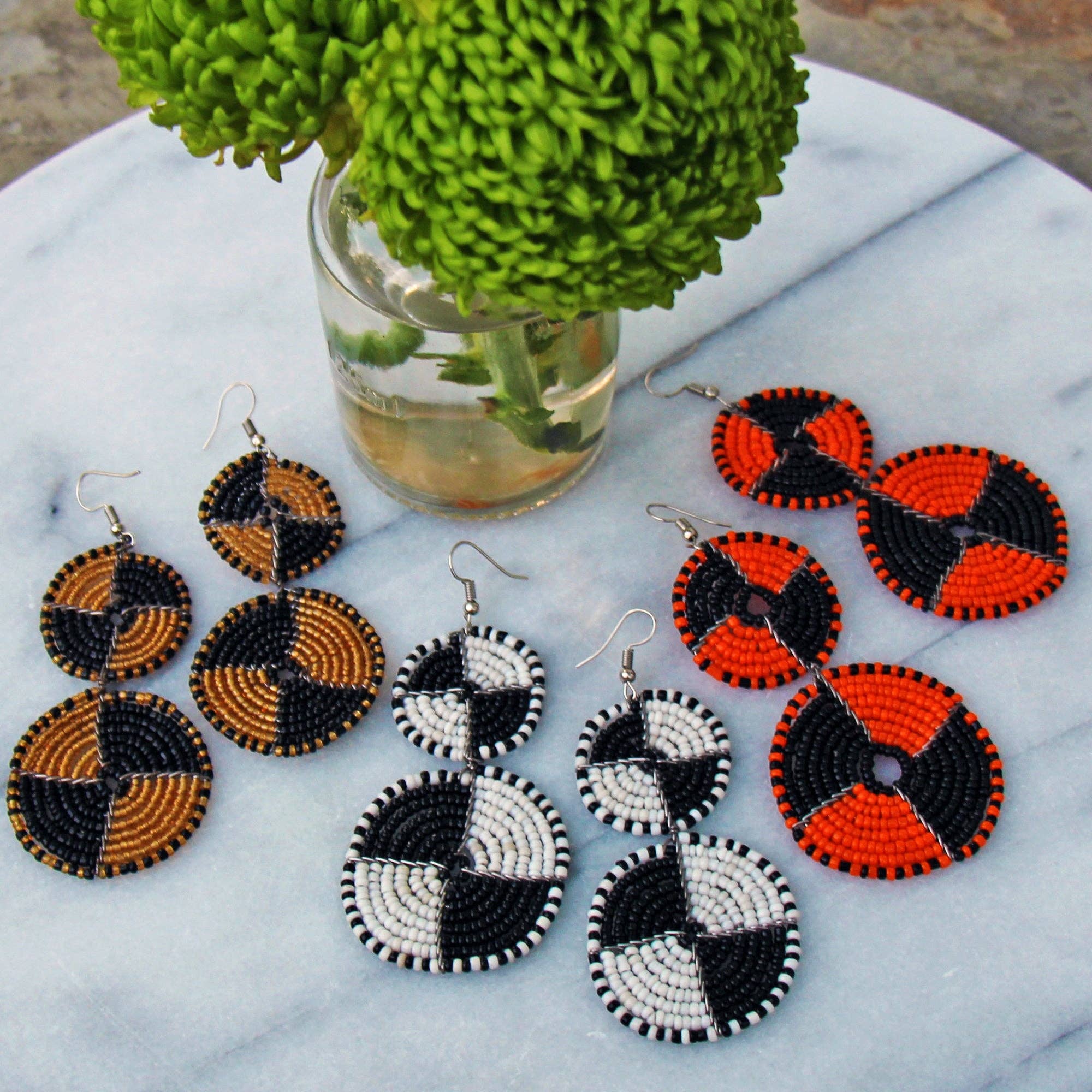 Global Crafts - Wholesale Dangle Earrings - PACK OF 5 -Maasai Bead Double Circle Dangle Earrings, Mango Orange and Black1