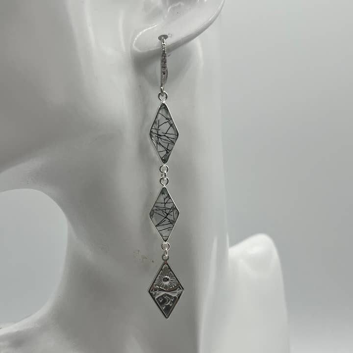 Boucle d'oreille en pierre précieuse / Double diamant en rutile noir argenté, charme pour la vente par Ritzy Roxx