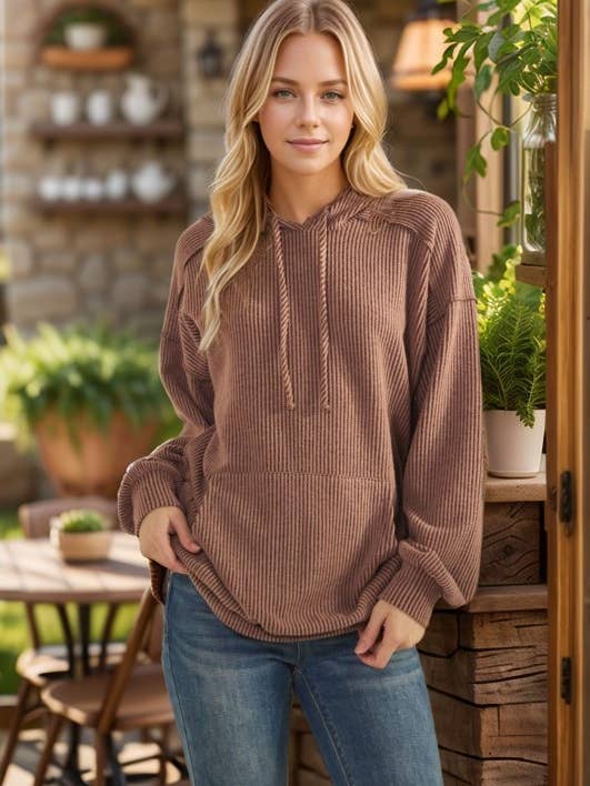 ET7964-10 LANGE MOUWEN GEBORSTELDE URBAN RIB CAPUCHONTRUI TOP voor wholesale door HEIMISH