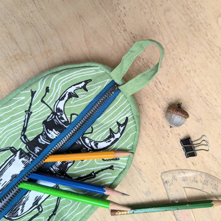 ilikesara | art + goods - Wholesale Pencil case/pouch - zippered pouch | stag beetle - green insect/bug pencil, supply, makeup bag with waterproof lining3