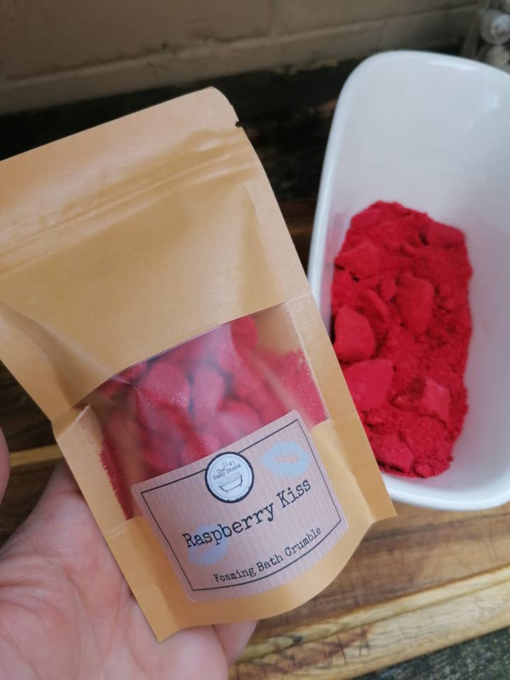 Raspberry Kiss Foaming Bath Crumble for wholesale by The Soap Shack