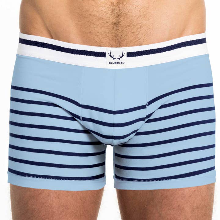 organic cotton boxer brief - Ice blue with navy stripes for wholesale by BLUEBUCK