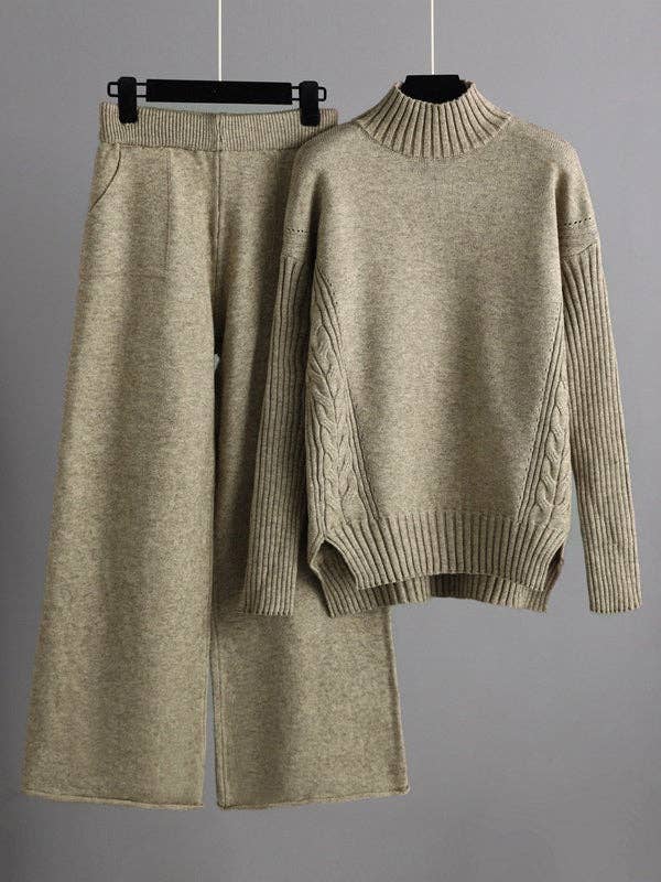 ShieldChic - Vente Ensemble haut et pantalon (PAS d'intérieur) - Femme - Ensemble deux pièces : haut pull col montant mi-haut couleur unie à fentes latérales et pantalon large taille haute urbain.2