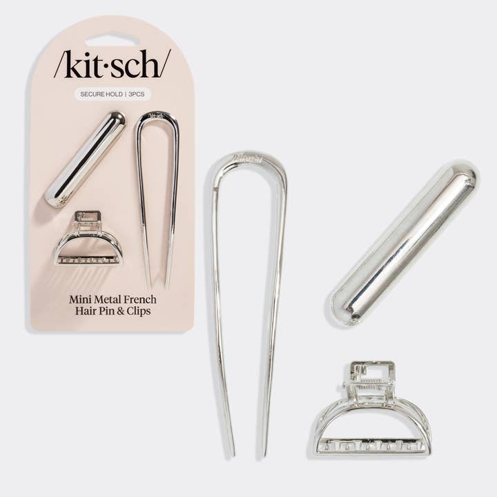 Mini Metal French Hair Pin & Clips 3pc Set - Silver for wholesale by KITSCH