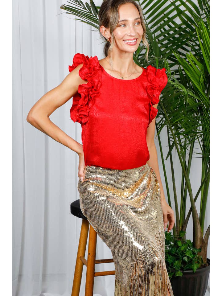 Vine & Love - Vendita all'ingrosso Camicetta - Donna - Blusa senza maniche metallizzata in tessuto intrecciato con volant plissettati VT60373A4