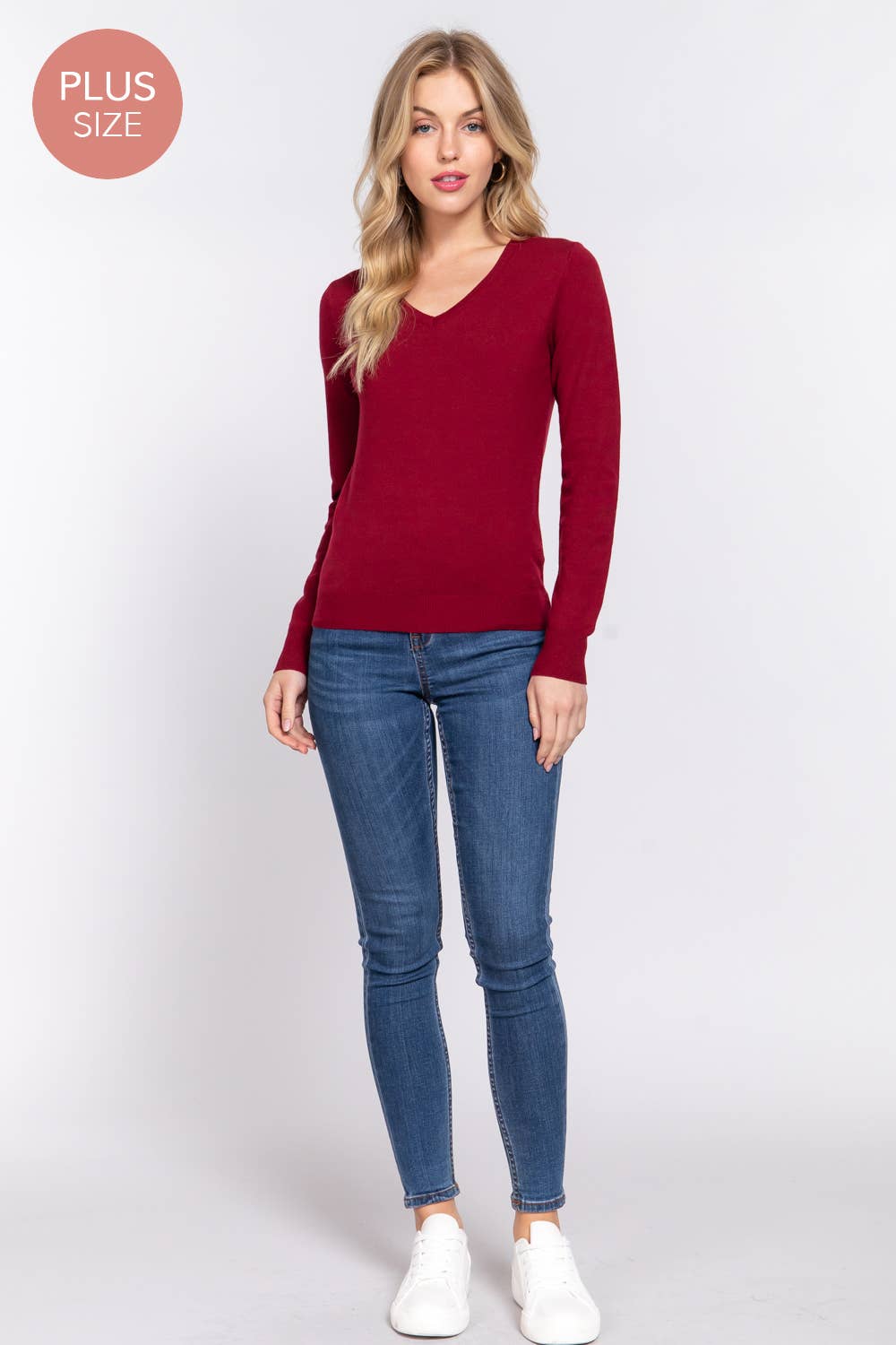 Active Basic | Active USA - Wholesale Knit Sweater - Women's - [PLUS SIZE] Long Sleeve V-neck Basic Sweater3