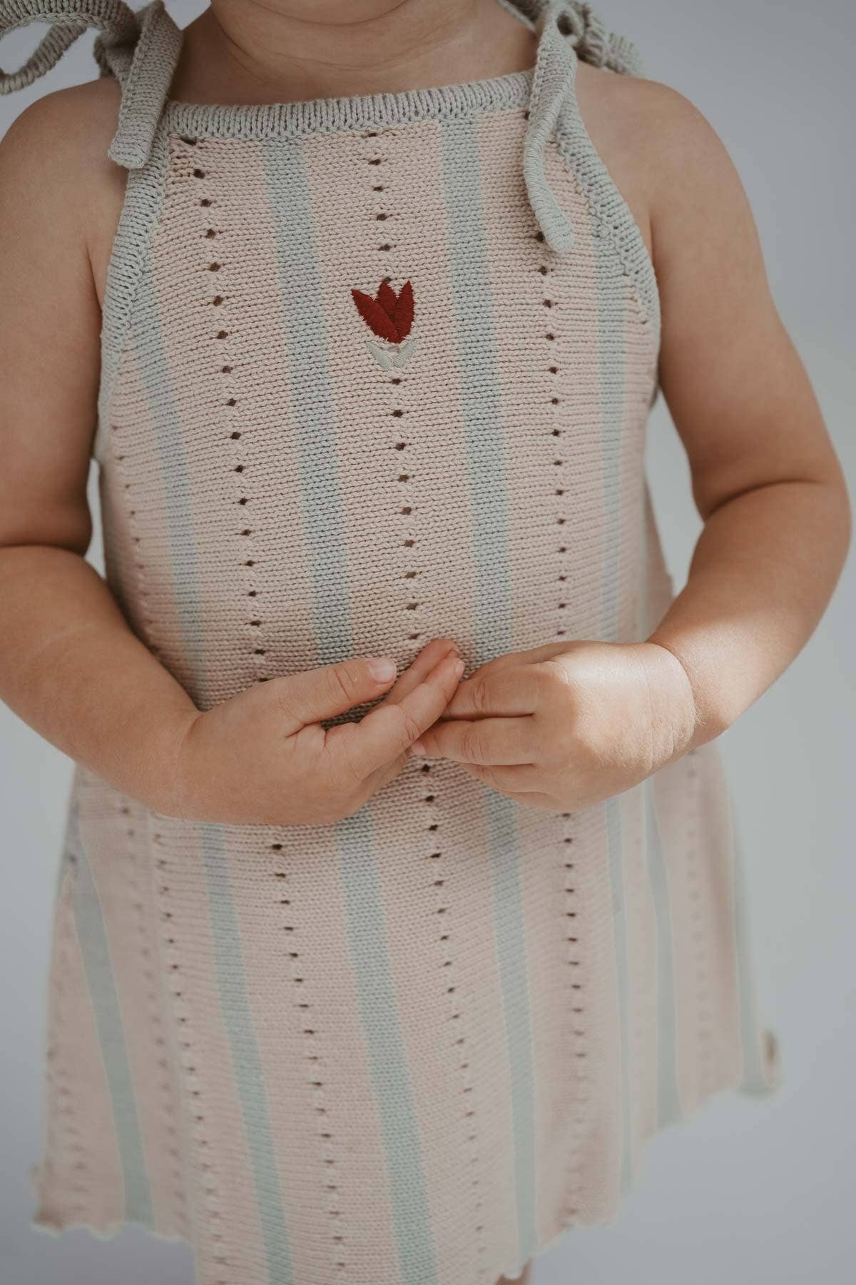 FRECKLES the label - Wholesale Dress - Kids - Embroidered Pointelle Tie Dress | Mist Stripe2