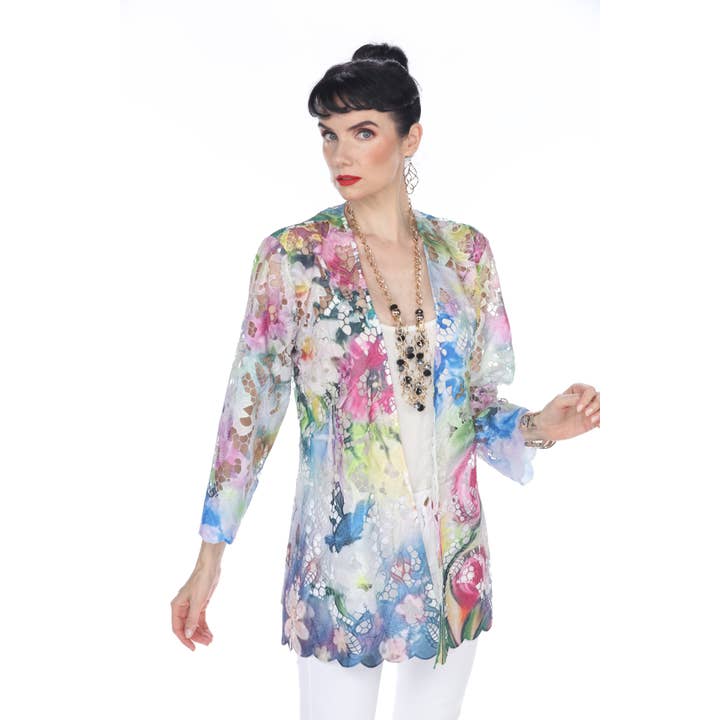 Chaqueta de malla con corte láser floral multicolor para venta al por mayor de Aris A