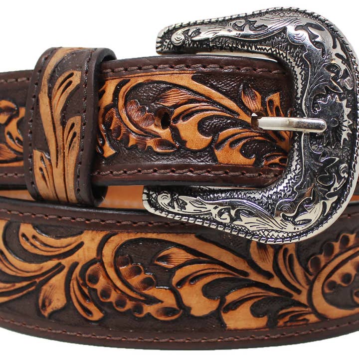 Ceinture en cuir pleine fleur à motif floral antique effilé de 1-3/4" Western 26RS5253T pour la vente par Challenger