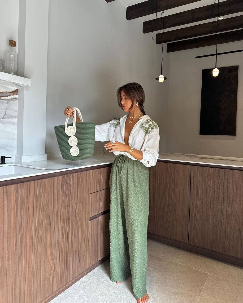 Design company-Fatma Balkir - Vendita all'ingrosso Completo top e gonna - Donna - Set Pantaloni Verde Menta e Camicia Ricamata - stile boho estivo0