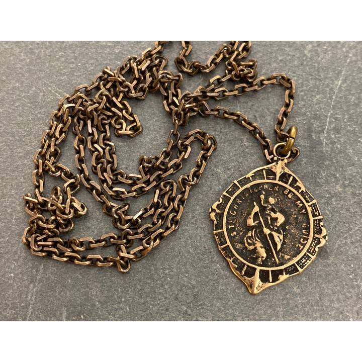 Collana da uomo in ottone St Chris - Medaglia vintage in bronzo fuso per la vendita all'ingrosso da parte di Johnny Ltd.