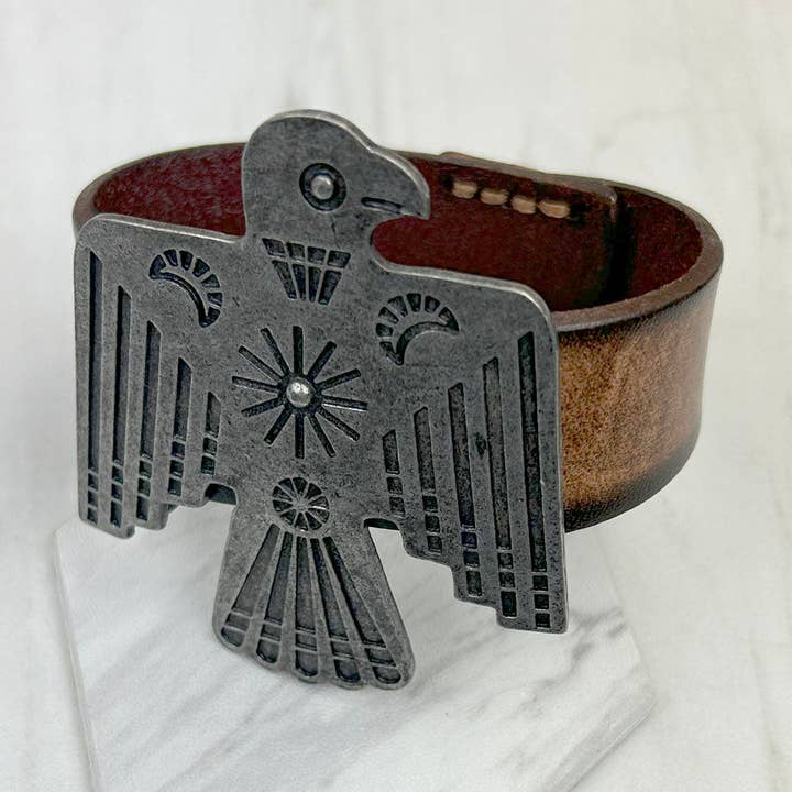 NKZ231226-01 Braunes Leder mit Adlerarmband aus silbernem Metall für den Großhandel von Western Elite Jewelry