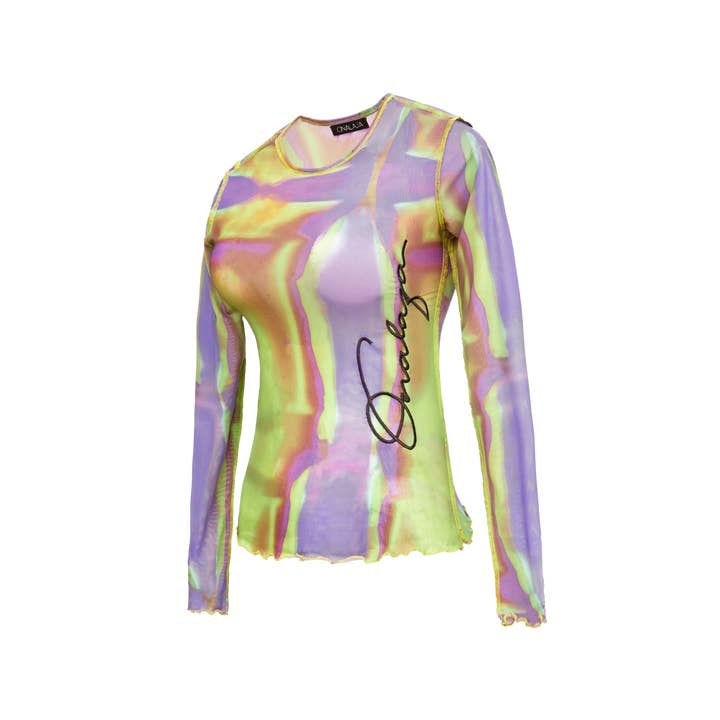 Onalaja Script Embroidered Top (Green Purple) for wholesale by Onalaja