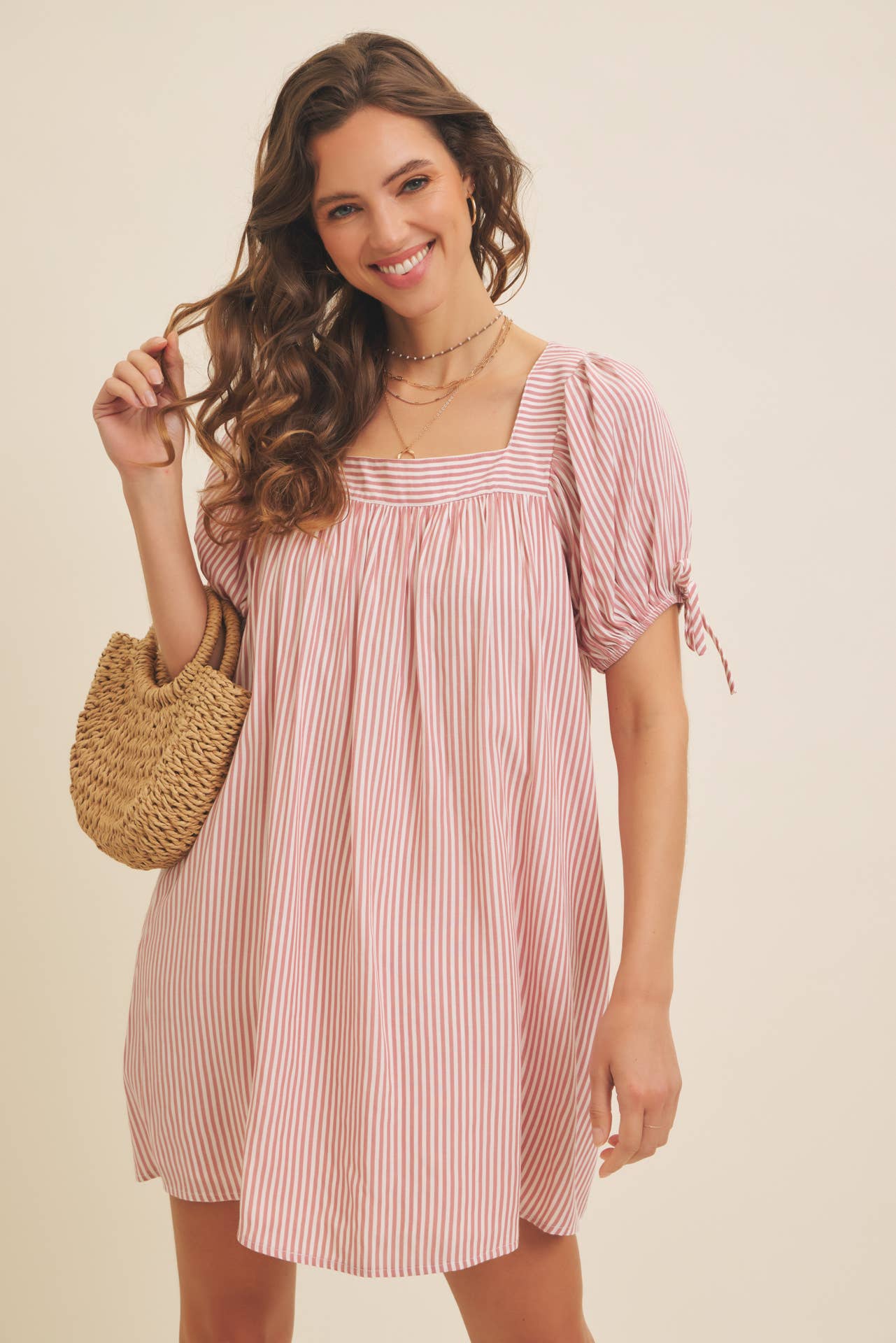 in february - Wholesale Dress - Women's - SQUARE NECK STRIPE FLARE MINI DRESS WITH BOW ON THE SLEEVES1