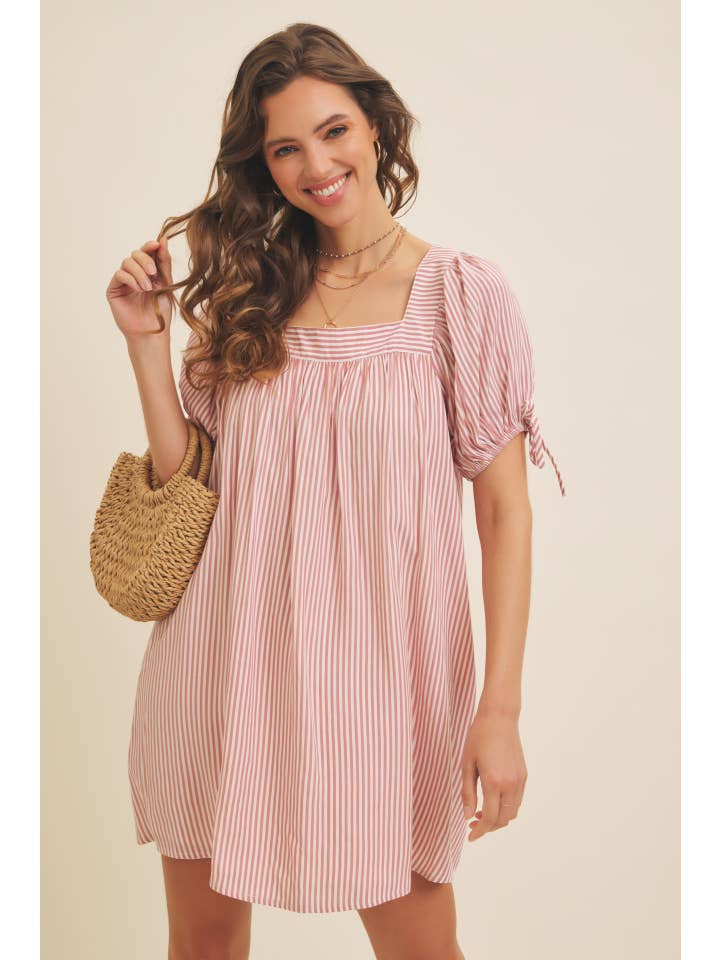 in february - Wholesale Dress - Women's - SQUARE NECK STRIPE FLARE MINI DRESS WITH BOW ON THE SLEEVES1