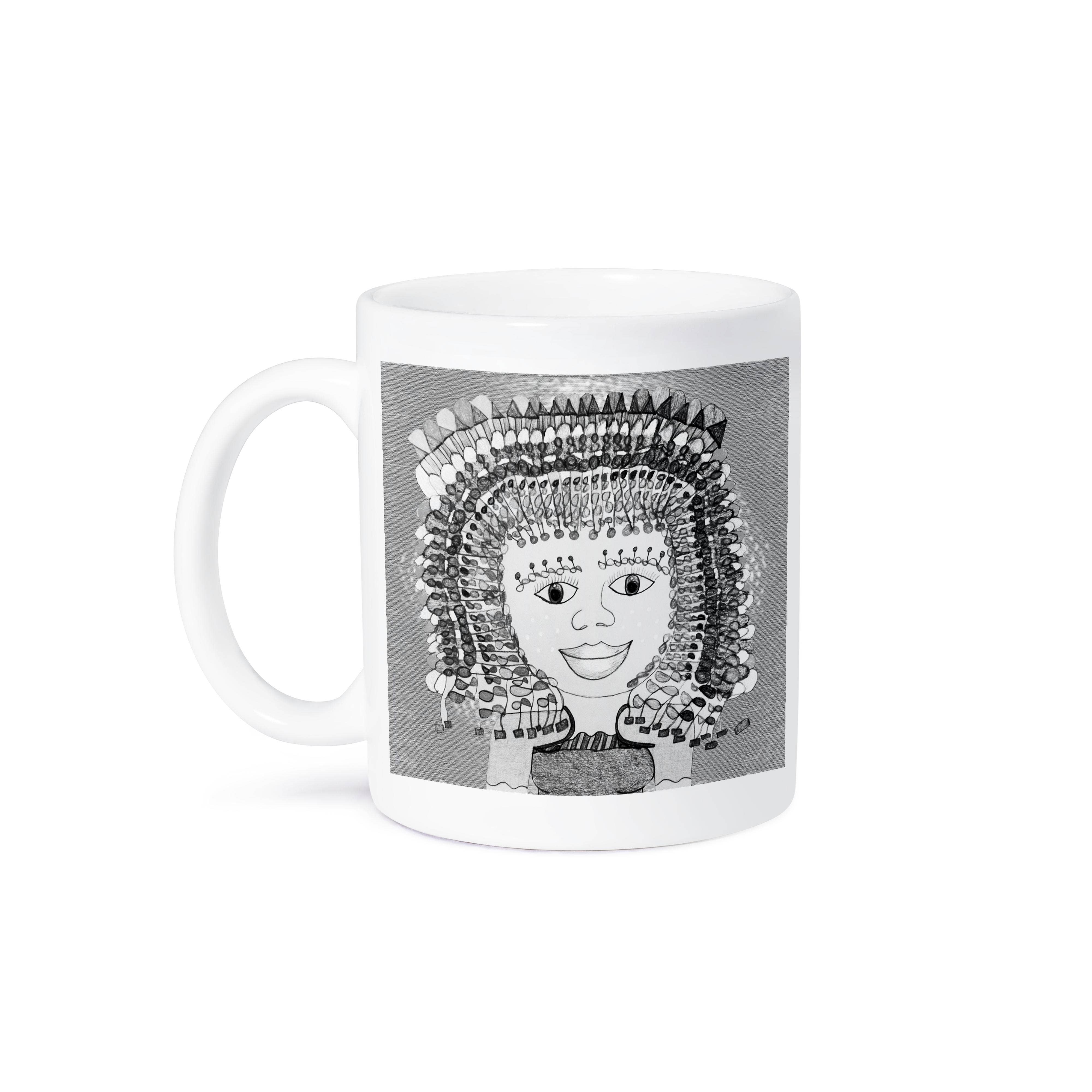 3dRose - Wholesale Coffee Mug - 3dRose, Beads all over in a hairdo unsaturated wth curly eybrows on a girl, Mug8