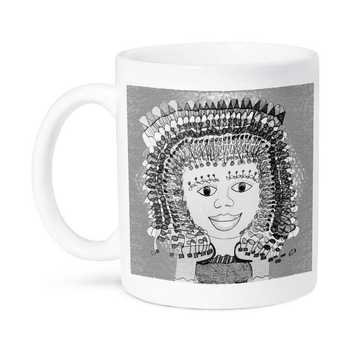 3dRose - Wholesale Coffee Mug - 3dRose, Beads all over in a hairdo unsaturated wth curly eybrows on a girl, Mug8