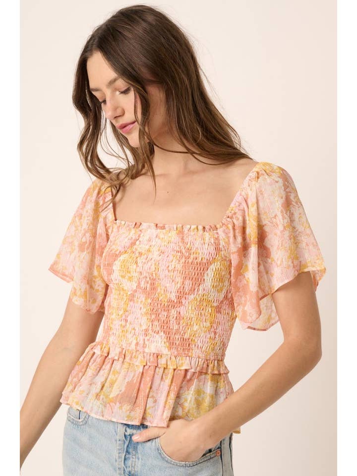 FLOWER PRINT SMOCKING DETAIL BLOUSE for wholesale by mittoshop