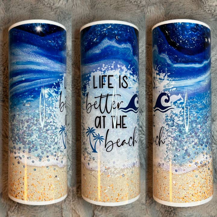 Life Is Better At The Beach Glitter Tumbler for wholesale by Drifting Dogwood Designs