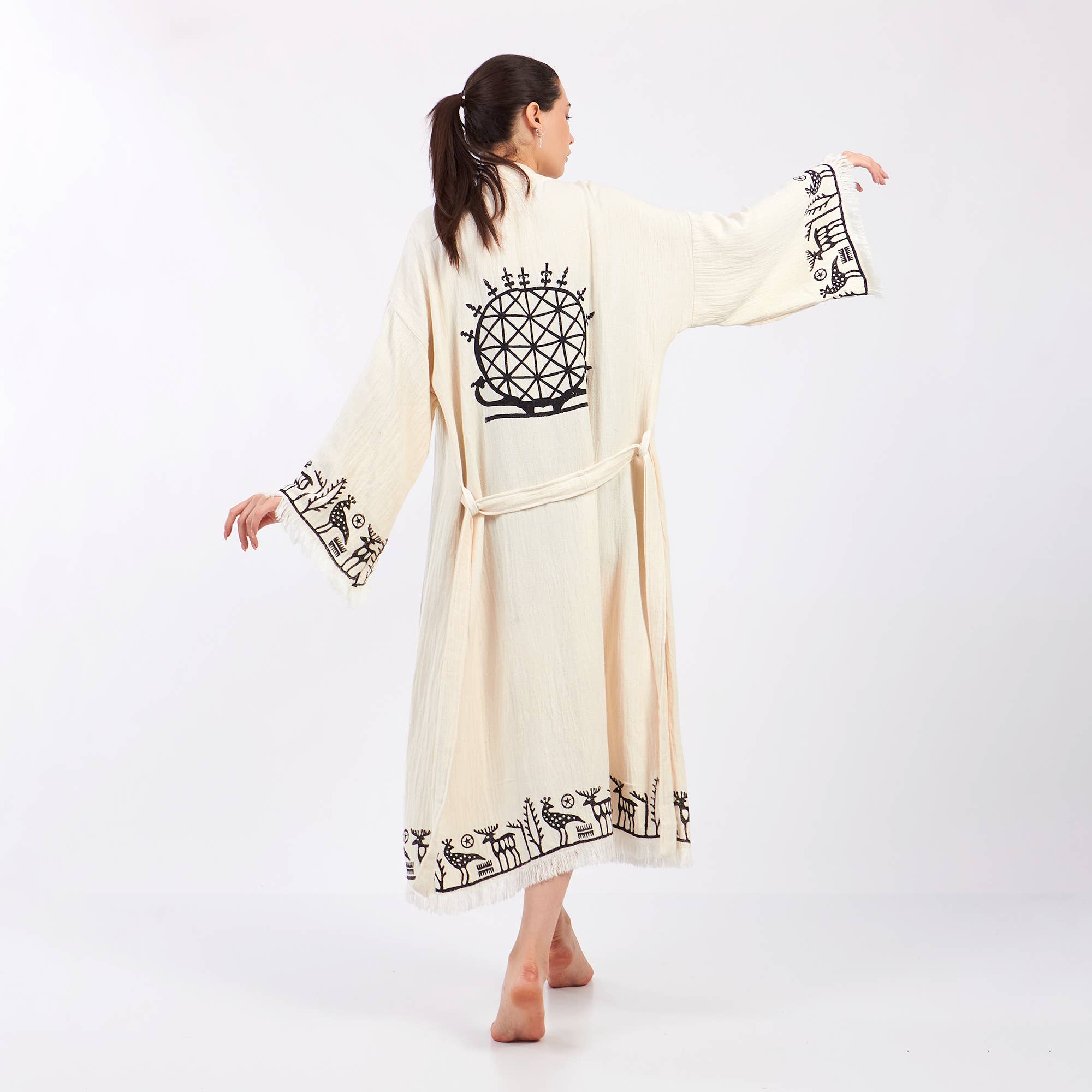 Yaz Concepts - Vente Kimono – femme - Peignoir kimono blanc en coton à motif primitif biologique turc7