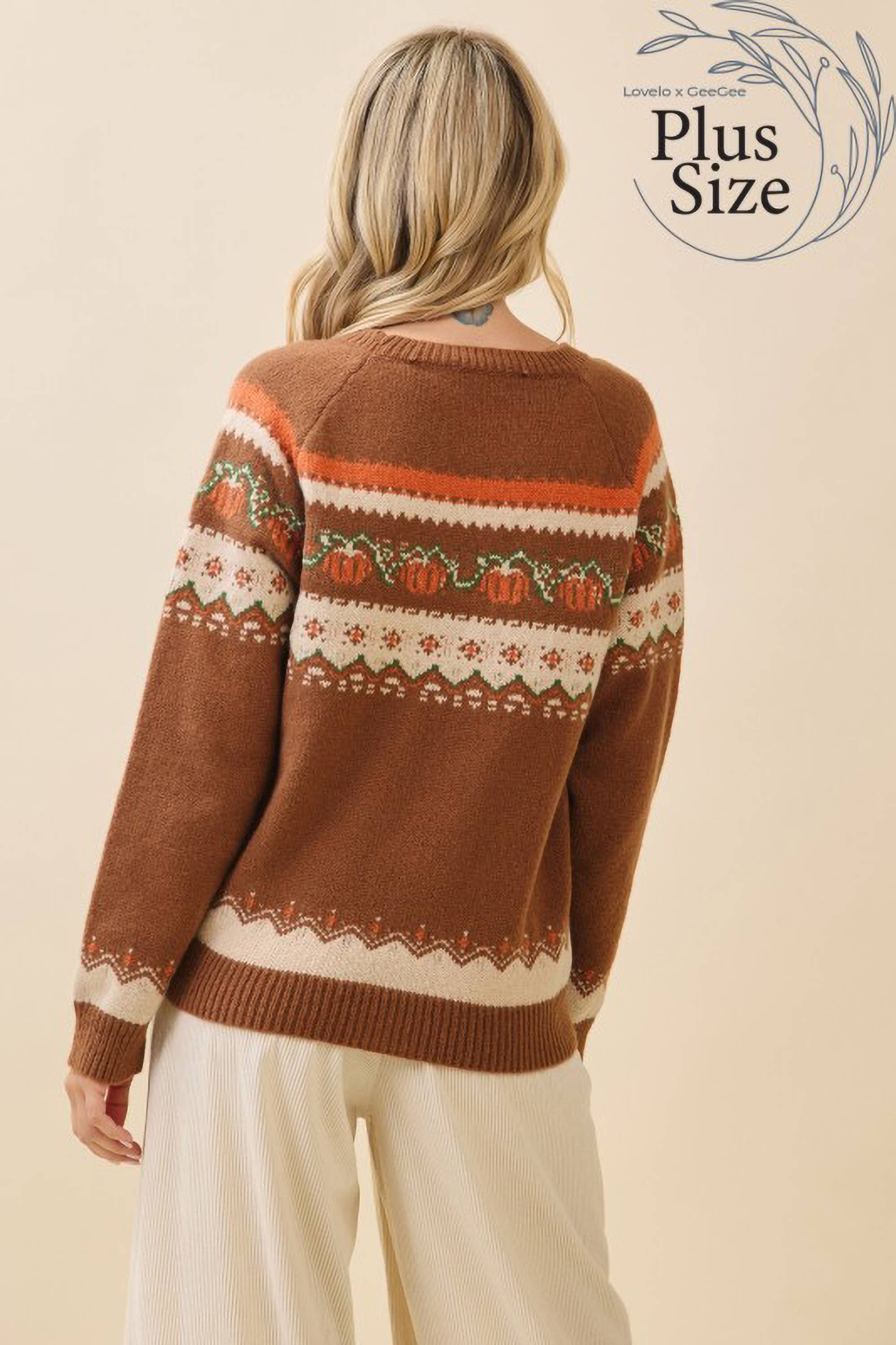 Brown Multi Plus Autumn Pumpkin Knit Sweater OT52161PL for wholesale on Faire2