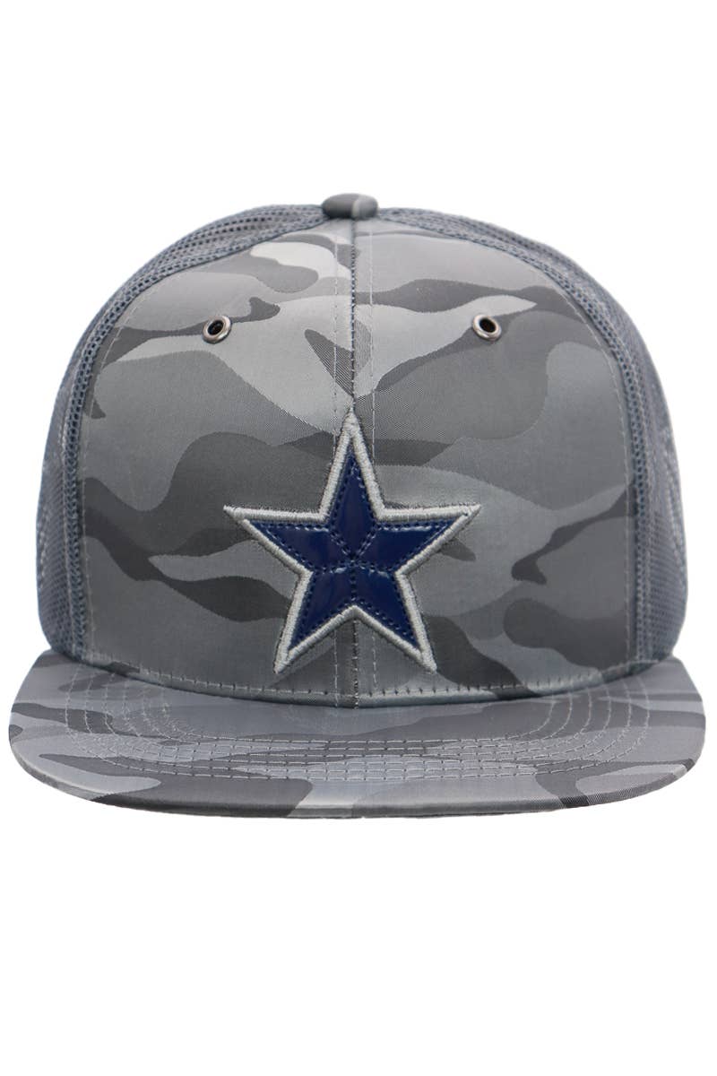 Cap Zone - Wholesale Trucker Hat - Unisex - Dallas Star Patch Camo Poly Flat Bill Trucker Hat1