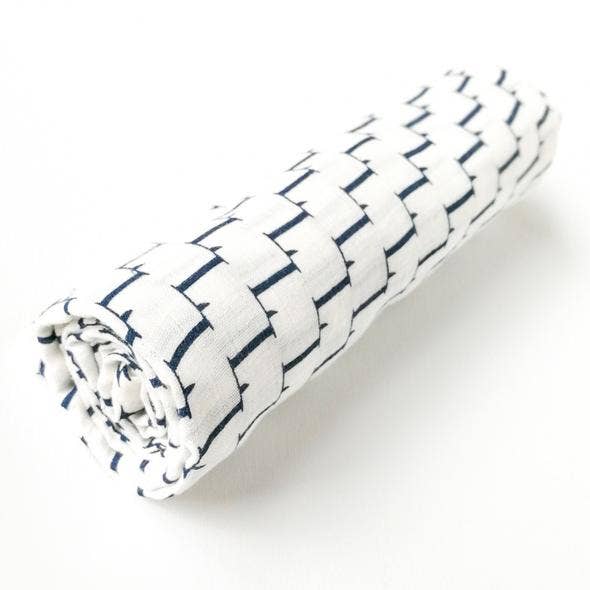Organic Muslin Swaddle L Print Navy for wholesale by Lily and Mortimer