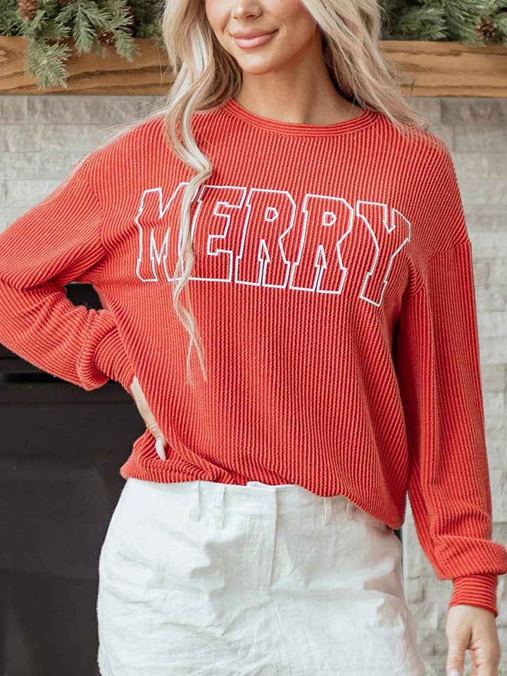 Twisted Rib Outlined Merry Letter Graphic Long Sleeve Top for wholesale by FULL TIME PURCHASE