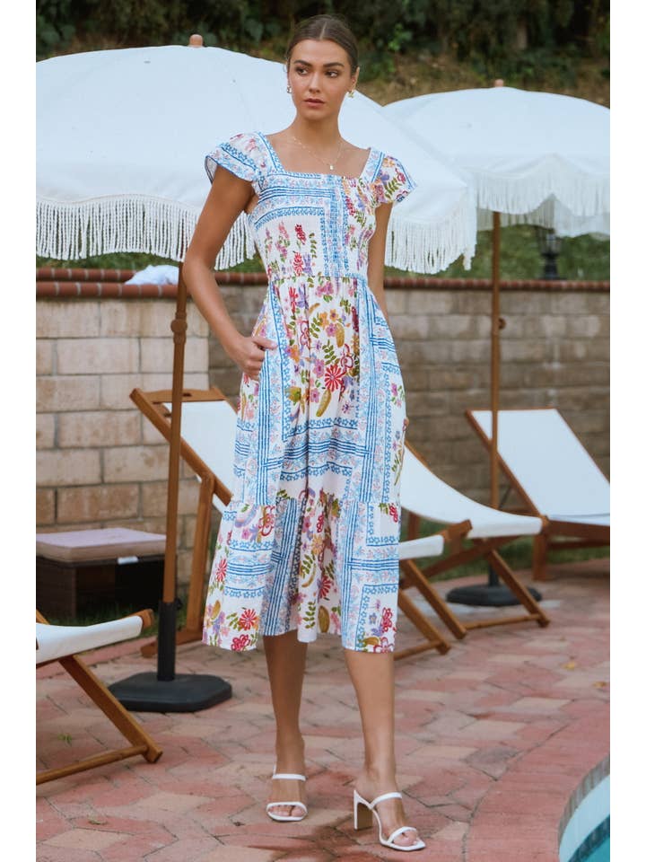 White Multi Plus Patchwork Printed Flutter Sleeve Midi Dress for wholesale on Faire