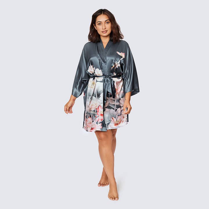 night shadow Washable Silk Lotus Short Kimono Robe (Plus Size) for wholesale on Faire