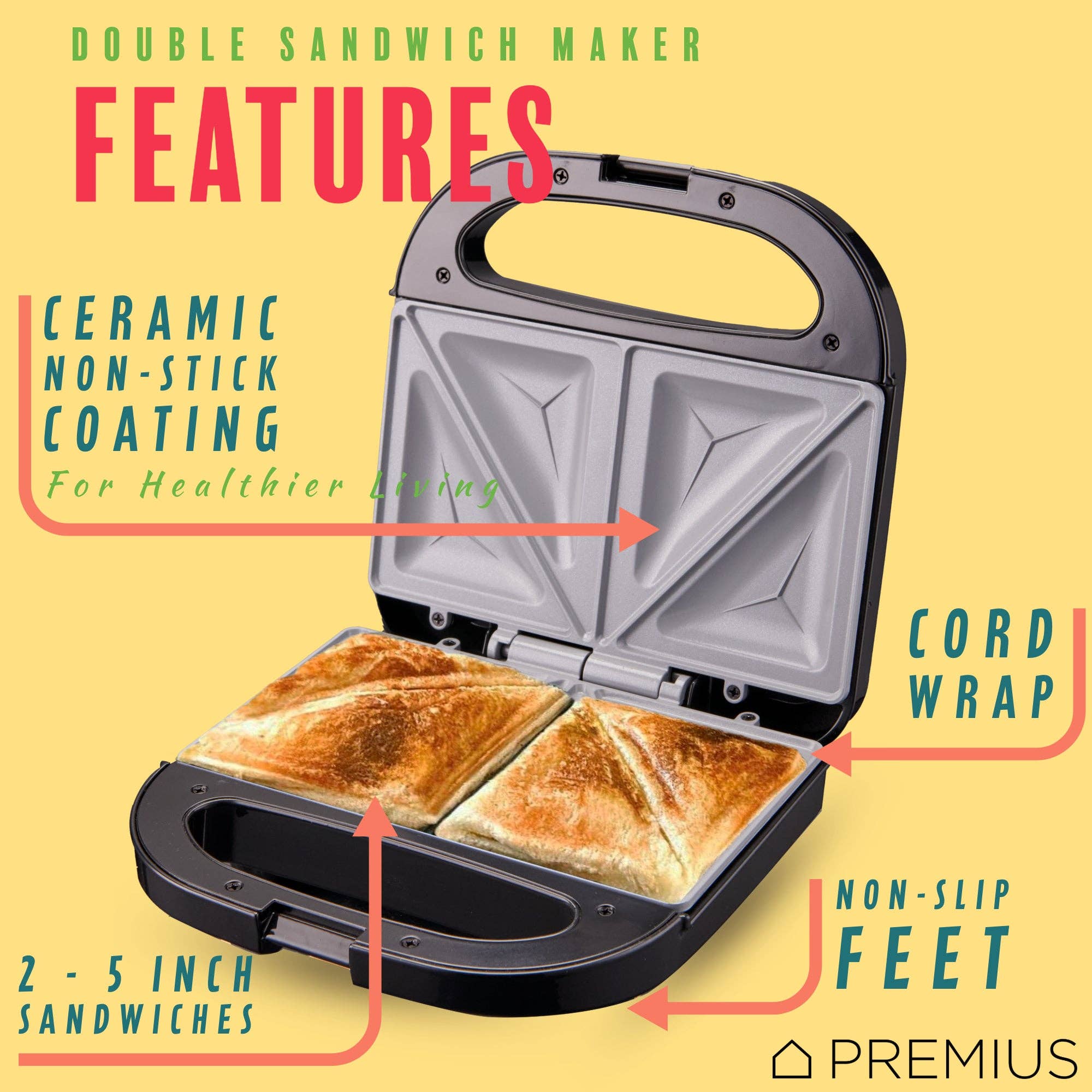 ShopBobbys - Wholesale Kitchen Appliance - PREMIUS Ceramic Non-Stick Double Slice Sandwich Maker, 8.25x4.75 Inch Mold13