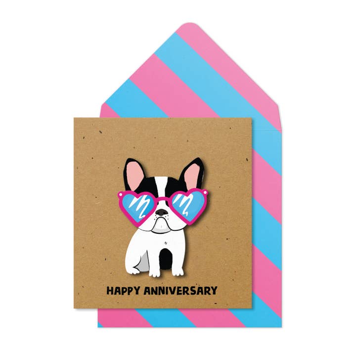 Tarjeta de felicitación hecha a mano en 3D, Frenchie de aniversario para venta al por mayor de Tache