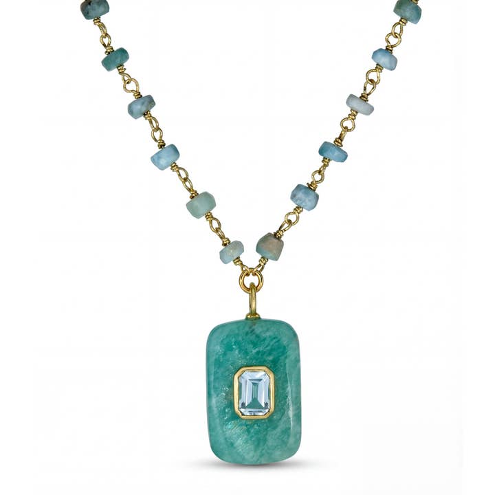 Collier Pendentif Topaze Bleue Amazonite sur Fil Larimar pour la vente par Rachel Reinhardt